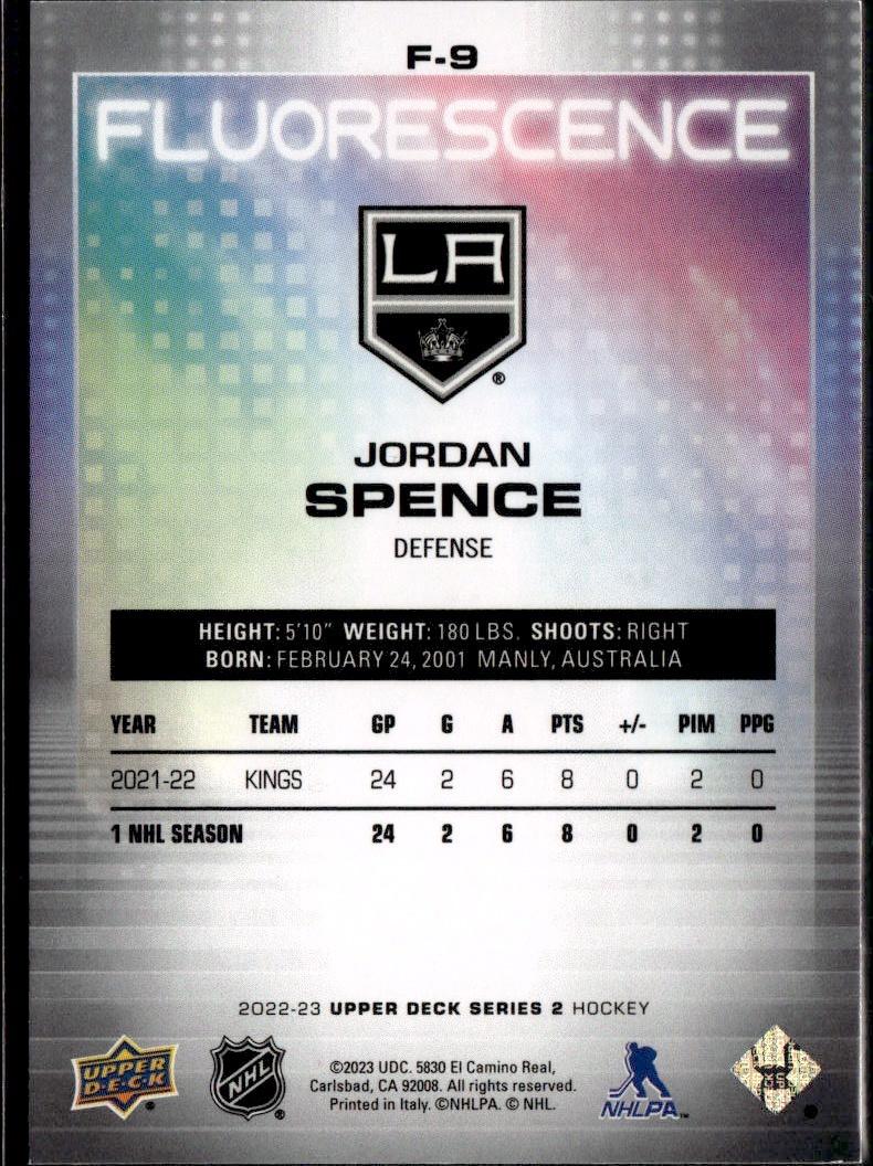 2022-23 Upper Deck Series 2 Hockey Fluorescence Gold #/150 #F-9 Los Angeles Kings (Jordan Spence)