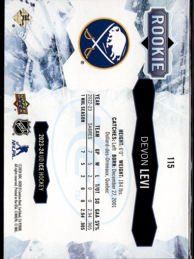 2023-24 Upper Deck Ice Hockey Base #115 Buffalo Sabres (Devon Levi)