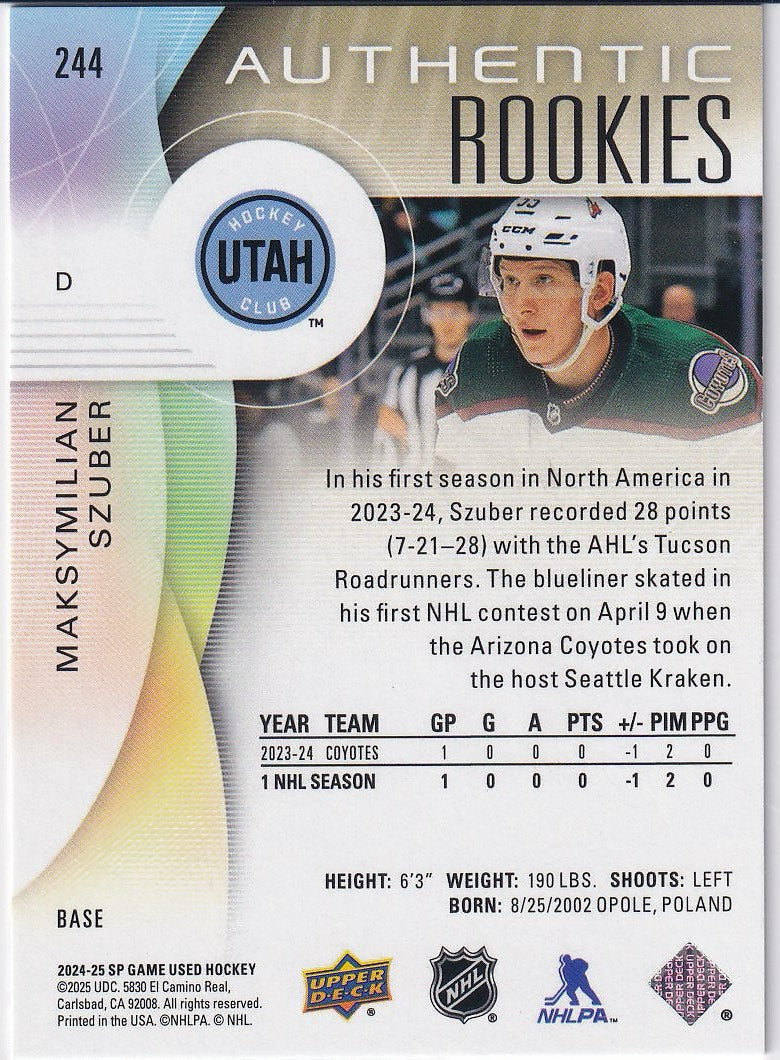 2024-25 SP Game Used Hockey Base #244 Arizona Coyotes, Maksymilian Szuber