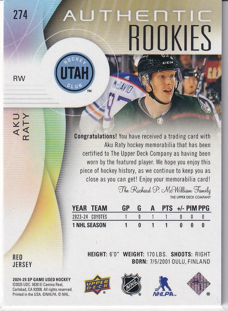 2024-25 SP Game Used Hockey Base - Red Jersey #274 Utah Hockey Club, Aku Raty