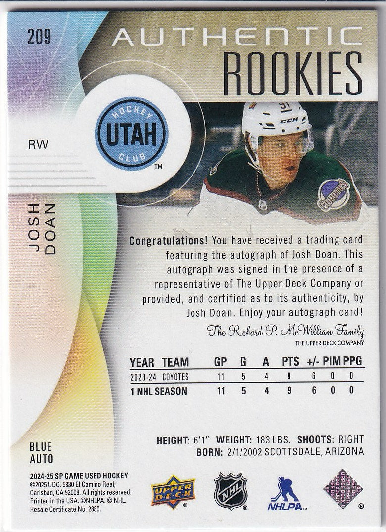 2024-25 SP Game Used Hockey Base - Auto Blue #209 Arizona Coyotes, Josh Doan