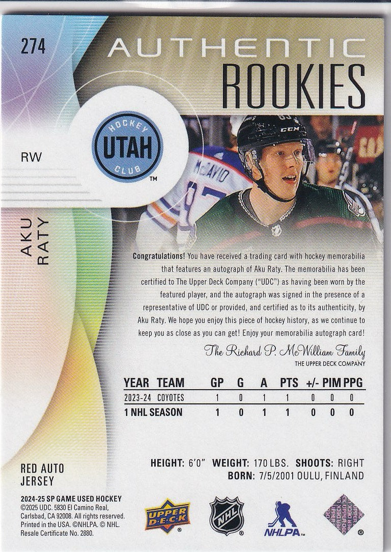 2024-25 SP Game Used Hockey Base - Red Jersey Auto #/149 #274 Utah Hockey Club, Aku Raty