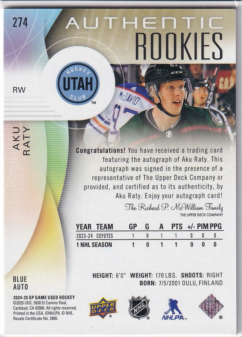 2024-25 SP Game Used Hockey Base - Auto Blue #274 Utah Hockey Club, Aku Raty