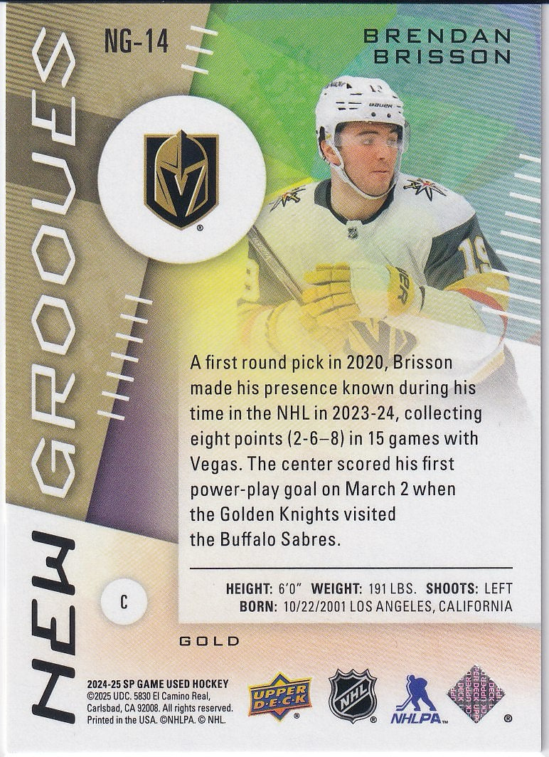 2024-25 SP Game Used Hockey New Grooves Gold #/99 #NG-14 Vegas Golden Knights, Brendan Brisson