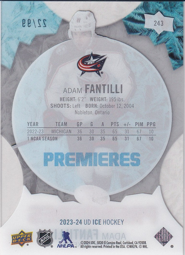 2023-24 Upper Deck Ice Hockey Base #/99 #243 Columbus Blue Jackets, Adam Fantilli