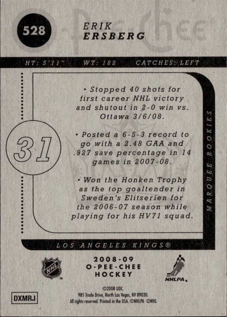 2008-09 O-Pee-Chee Hockey Base - Marquee Rookie #528 Los Angeles Kings, Erik Ersberg