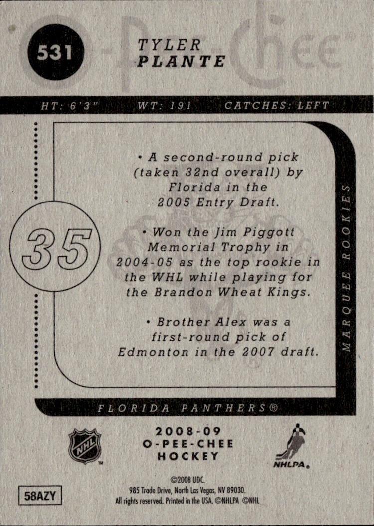 2008-09 O-Pee-Chee Hockey Base - Marquee Rookie #531 Florida Panthers, Tyler Plante