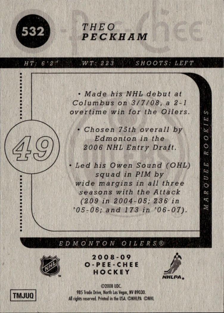 2008-09 O-Pee-Chee Hockey Base - Marquee Rookie #532 Edmonton Oilers, Theo Peckham