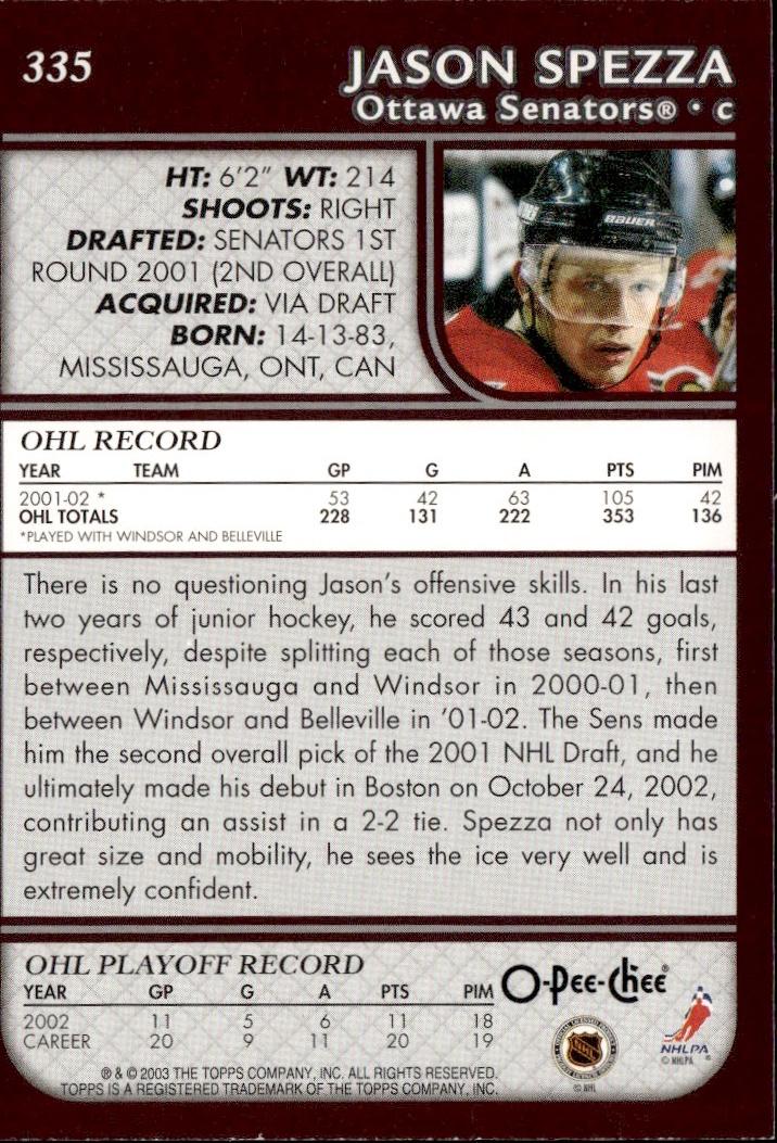 2002-03 O-Pee-Chee Hockey Rookie #335 Ottawa Senators, Jason Spezza