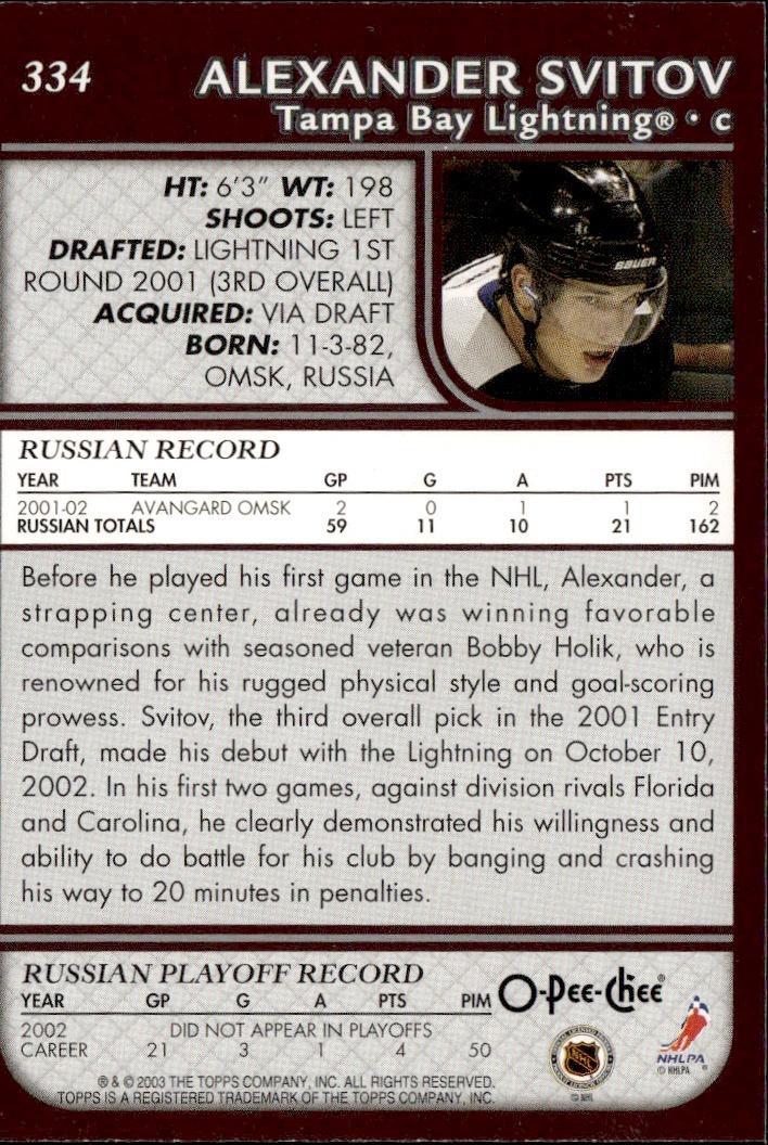 2002-03 O-Pee-Chee Hockey Rookie #334 Tampa Bay Lightning, Alexander Svitov
