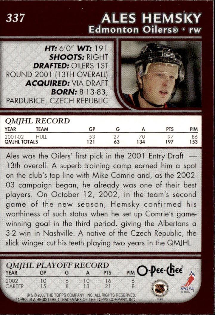 2002-03 O-Pee-Chee Hockey Rookie #337 Edmonton Oilers, Ales Hemsky