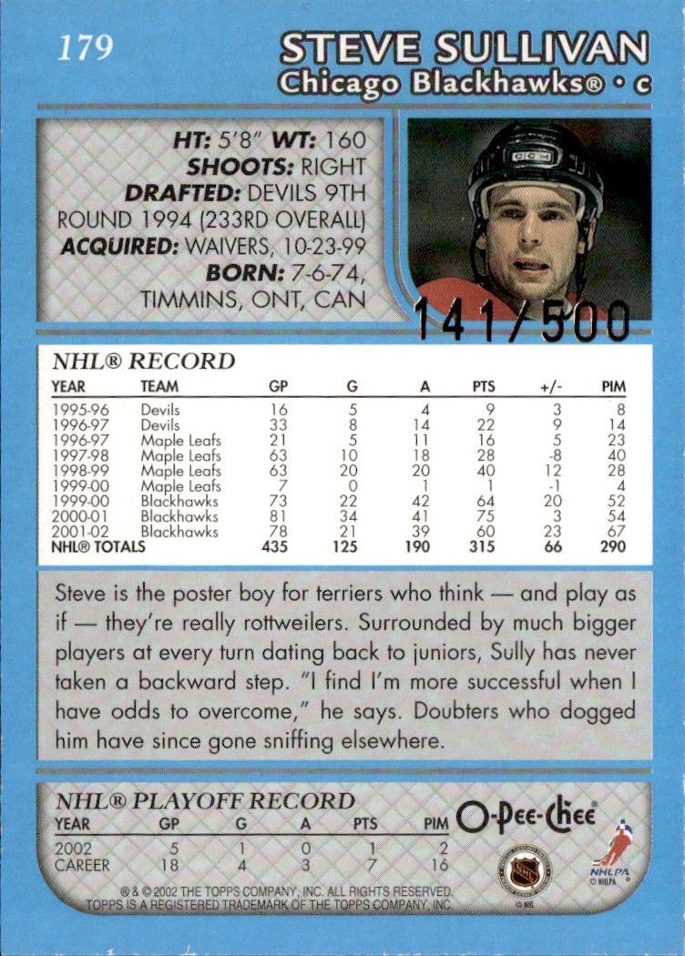 2002-03 O-Pee-Chee Hockey Base Premier-Blue-Line #/500 #179 Chicago Blackhawks, Steve Sullivan