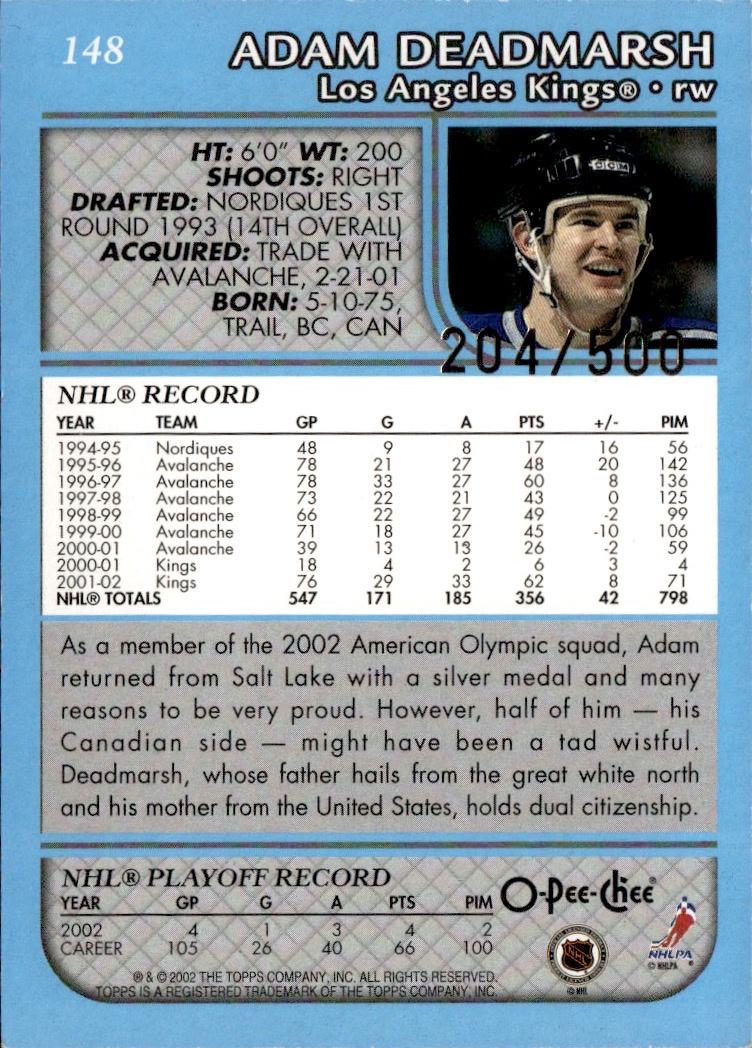 2002-03 O-Pee-Chee Hockey Base Premier-Blue-Line #/500 #148 Los Angeles Kings, Adam Deadmarsh