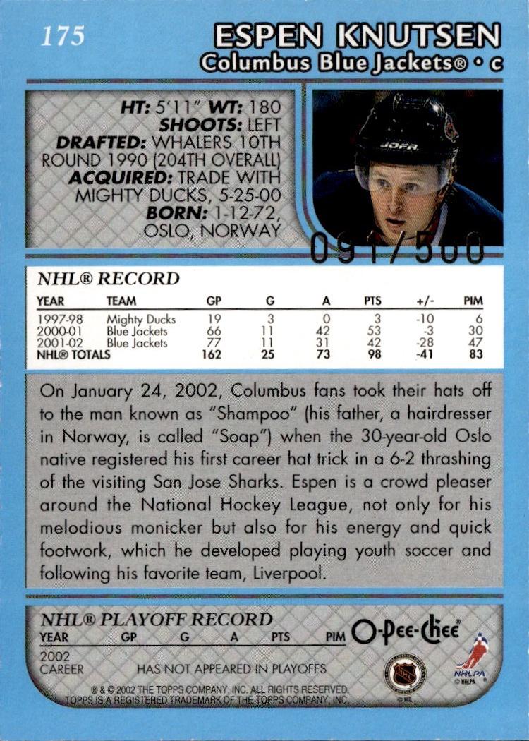 2002-03 O-Pee-Chee Hockey Base Premier-Blue-Line #/500 #175 Columbus Blue Jackets, Espen Knutsen
