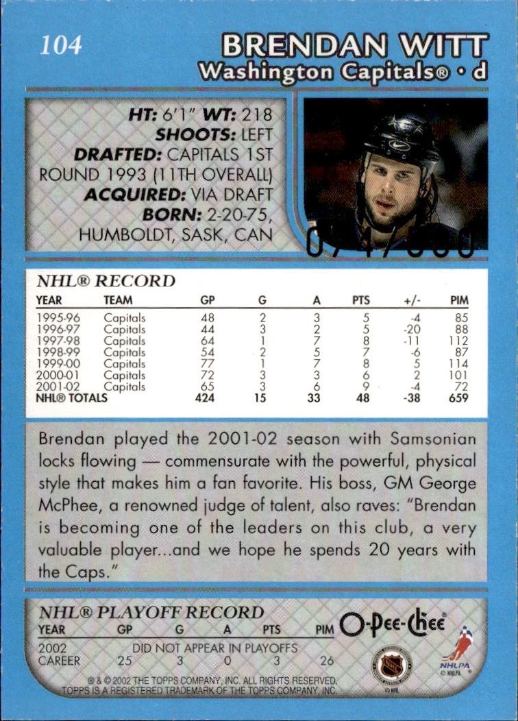 2002-03 O-Pee-Chee Hockey Base Premier-Blue-Line #/500 #104 Washington Capitals, Brendan Witt
