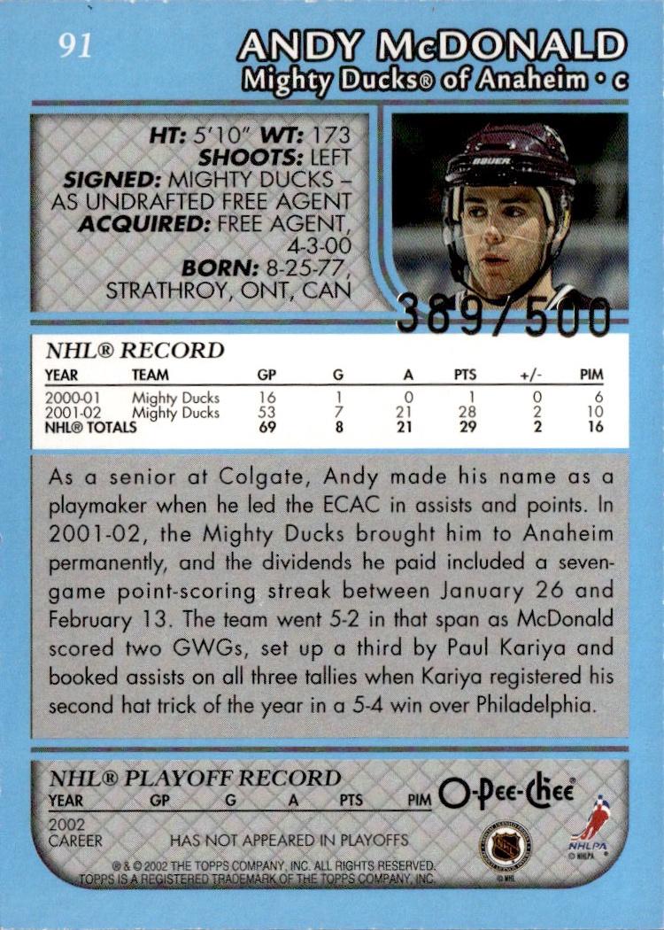 2002-03 O-Pee-Chee Hockey Base Premier-Blue-Line #/500 #91 Anaheim Mighty Ducks, Andy McDonald