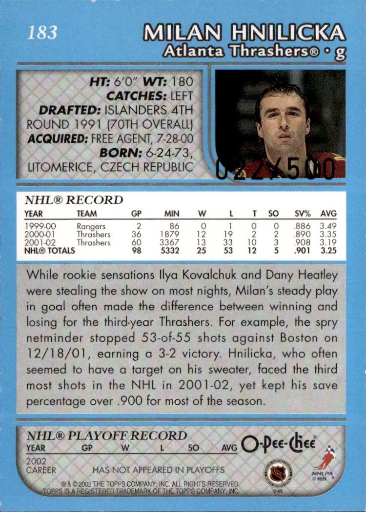 2002-03 O-Pee-Chee Hockey Base Premier-Blue-Line #/500 #183 Atlanta Thrashers, Milan Hnilicka