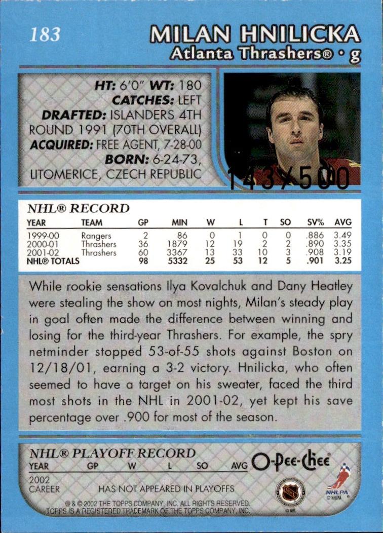 2002-03 O-Pee-Chee Hockey Base Premier-Blue-Line #/500 #183 Atlanta Thrashers, Milan Hnilicka