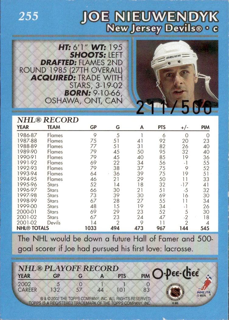 2002-03 O-Pee-Chee Hockey Base Premier-Blue-Line #/500 #255 New Jersey Devils, Joe Nieuwendyk