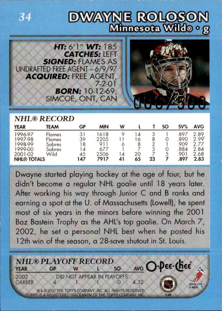 2002-03 O-Pee-Chee Hockey Base Premier-Blue-Line #/500 #34 Minnesota Wild, Dwayne Roloson