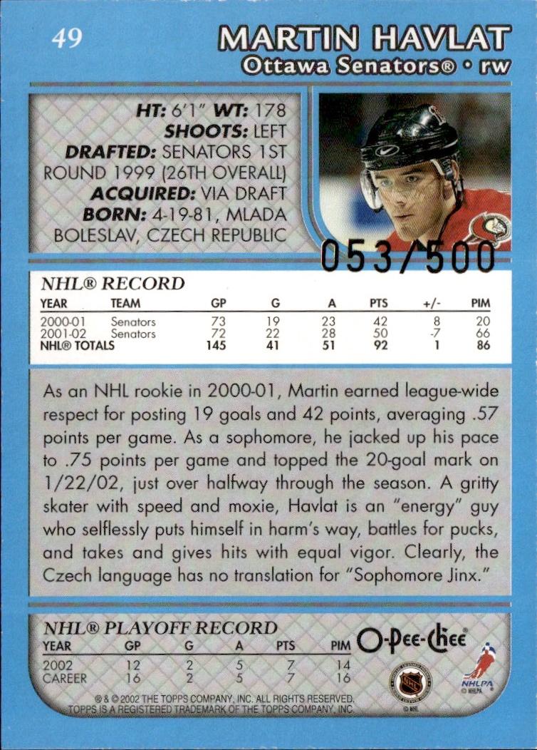 2002-03 O-Pee-Chee Hockey Base Premier-Blue-Line #/500 #49 Ottawa Senators (Martin Havlat)