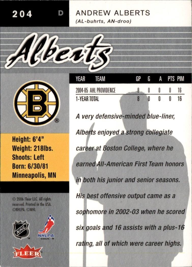2005-06 Ultra Hockey Rookie #204 Boston Bruins (Andrew Alberts)