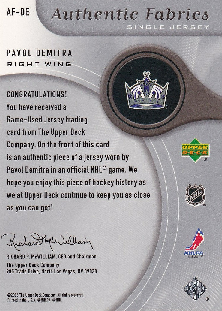 2005-06 SP Game Used Hockey Authentic Fabrics #AF-DE Los Angeles Kings, Pavol Demitra