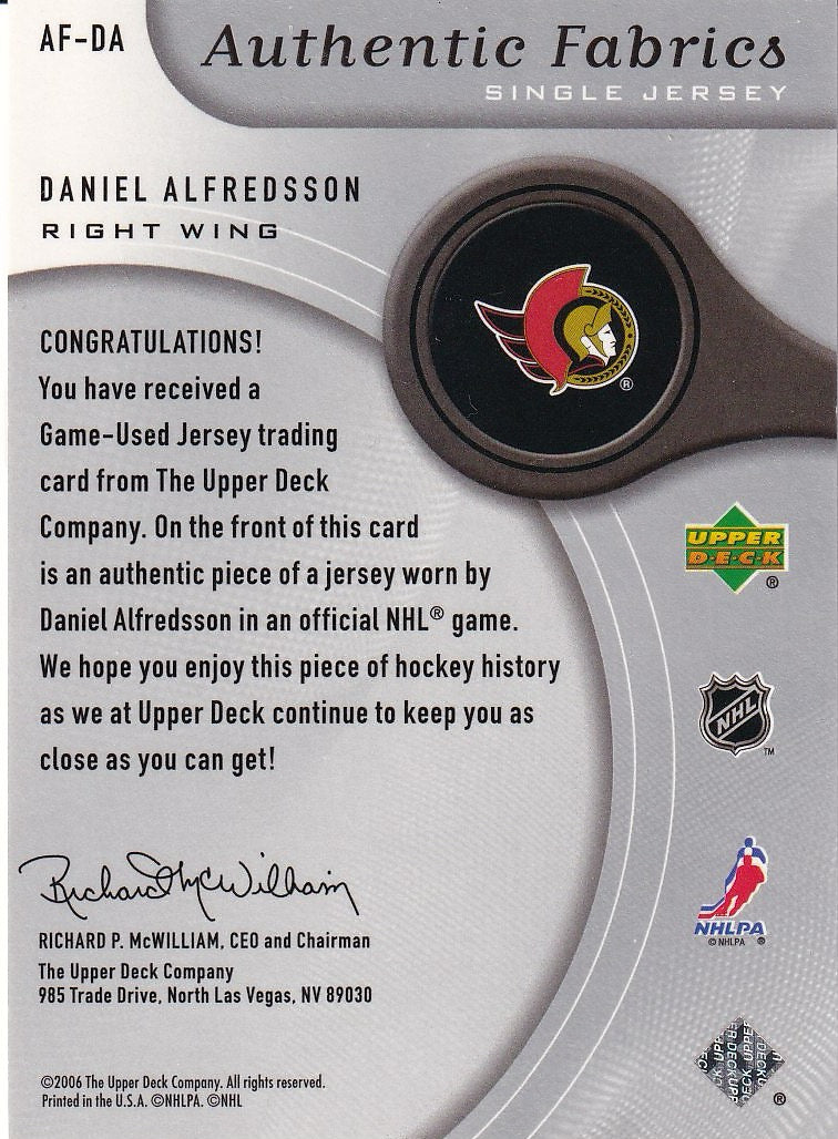 2005-06 SP Game Used Hockey Authentic Fabrics #AF-DA Ottawa Senators, Daniel Alfredsson