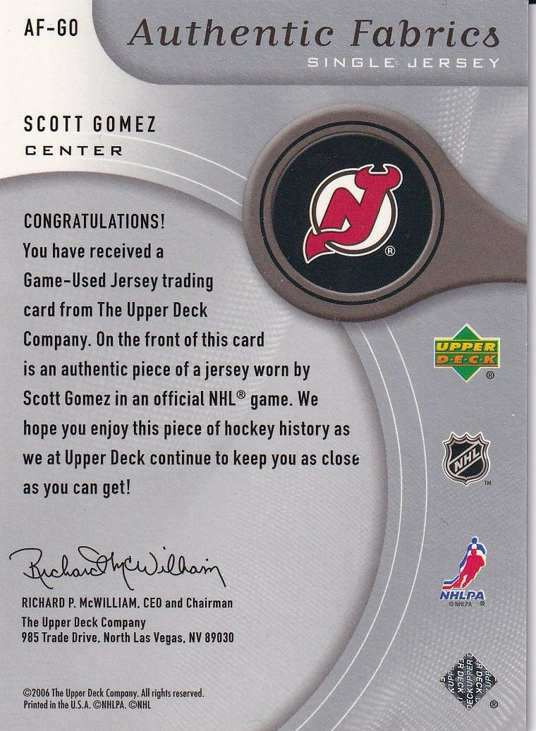 2005-06 SP Game Used Hockey Authentic Fabrics #AF-GO New Jersey Devils, Scott Gomez