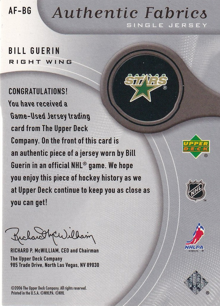 2005-06 SP Game Used Hockey Authentic Fabrics #AF-BG Dallas Stars, Bill Guerin