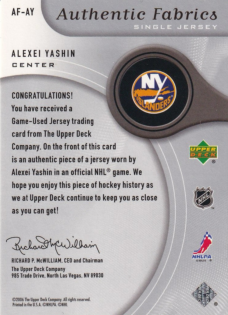 2005-06 SP Game Used Hockey Authentic Fabrics #AF-AY New York Islanders, Alexei Yashin