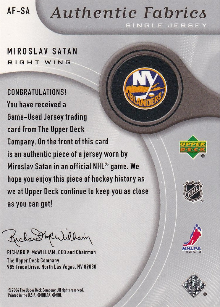 2005-06 SP Game Used Hockey Authentic Fabrics #AF-SA New York Islanders, Miroslav Satan