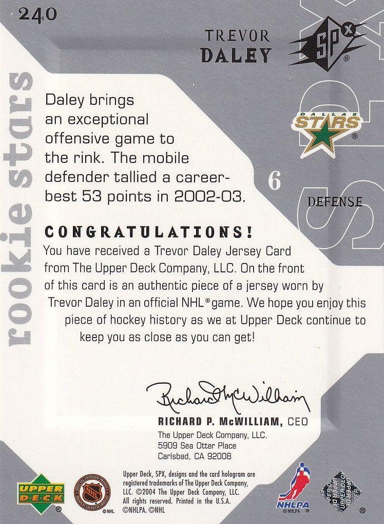 2003-04 Upper Deck Rookie Update Hockey 2003-04 SPx Update #/999 #240 Dallas Stars, Trevor Daley