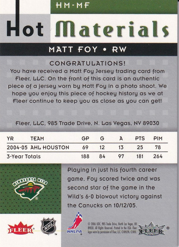 2005-06 Fleer Hot Prospects Hockey Hot Materials #HM-MF Minnesota Wild, Matt Foy