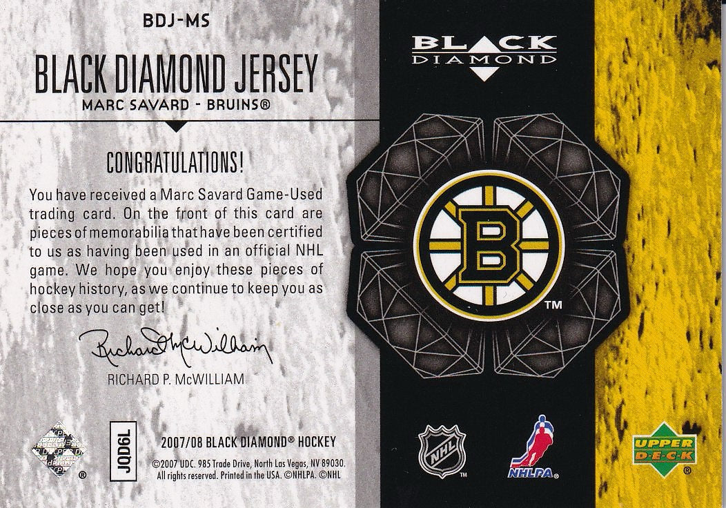 2007-08 Upper Deck Black Diamond Hockey Jerseys Ruby Dual #/100 #BDJ-MS Boston Bruins, Marc Savard