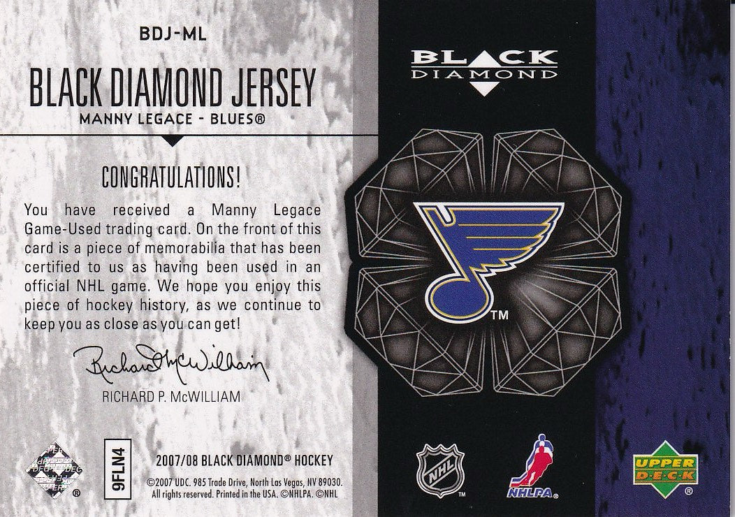 2007-08 Upper Deck Black Diamond Hockey Jerseys #BDJ-ML St. Louis Blues, Manny Legace