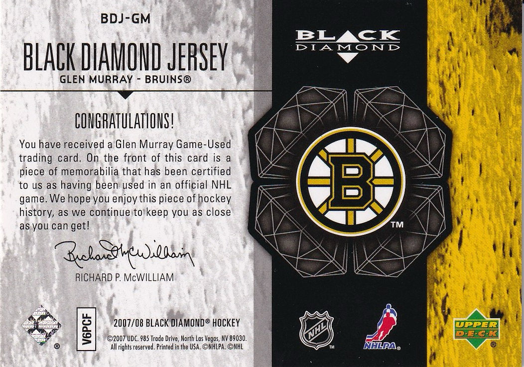 2007-08 Upper Deck Black Diamond Hockey Jerseys #BDJ-GM Boston Bruins, Glen Murray