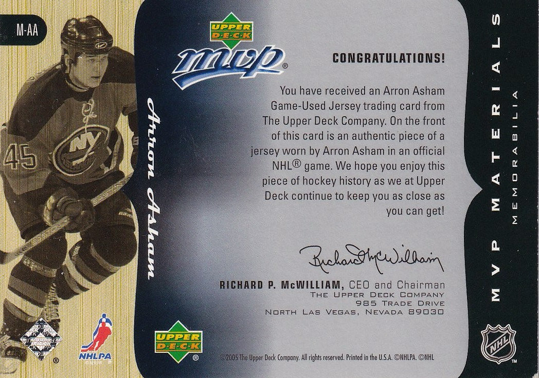 2005-06 Upper Deck MVP Hockey Materials #M-AA New York Islanders, Arron Asham
