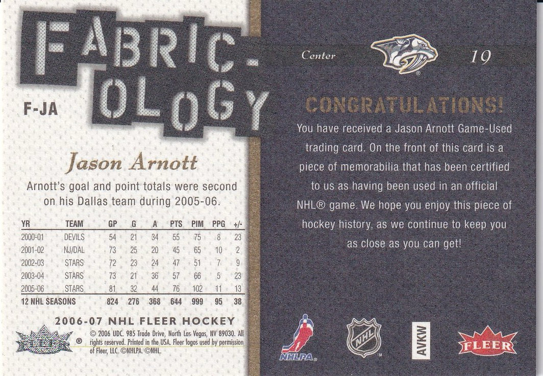 2006-07 Fleer Hockey Fabricology #F-JA Nashville Predators, Jason Arnott