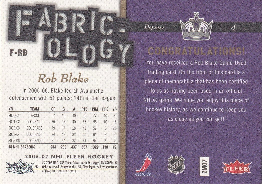 2006-07 Fleer Hockey Fabricology #F-RB Los Angeles Kings, Rob Blake