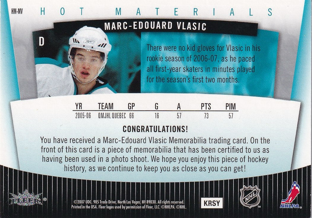 2006-07 Fleer Hot Prospects Hockey Hot Materials #HM-MV San Jose Sharks (Marc-Edouard Vlasic)