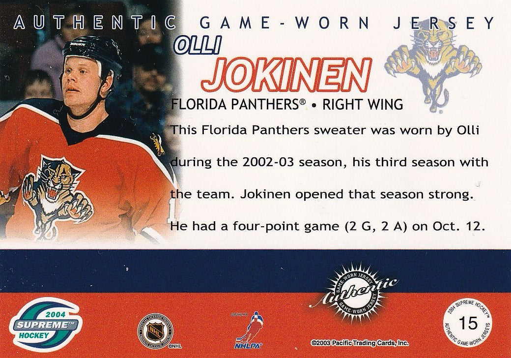 2003-04 Pacific Supreme Hockey Jerseys #/700 #15 Florida Panthers (Olli Jokinen)