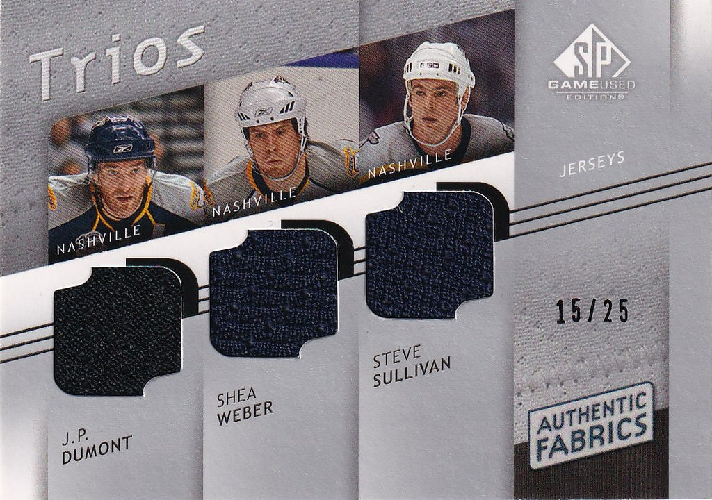 2008-09 SP Game Used Hockey Authentic Fabrics Trios #/25 #AF3-DWS Nashville Predators (J.P. Dumont / Shea Weber / Steve Sullivan)