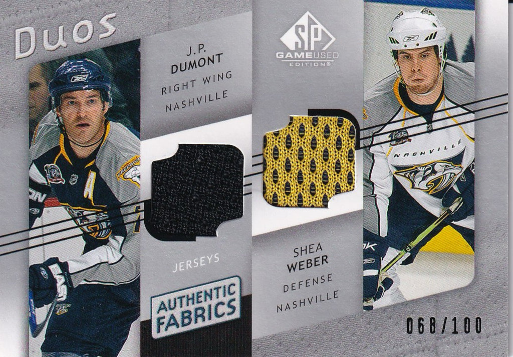 2008-09 SP Game Used Hockey Authentic Fabrics Duos #/100 #AF2-DW Nashville Predators (J.P. Dumont / Shea Weber)