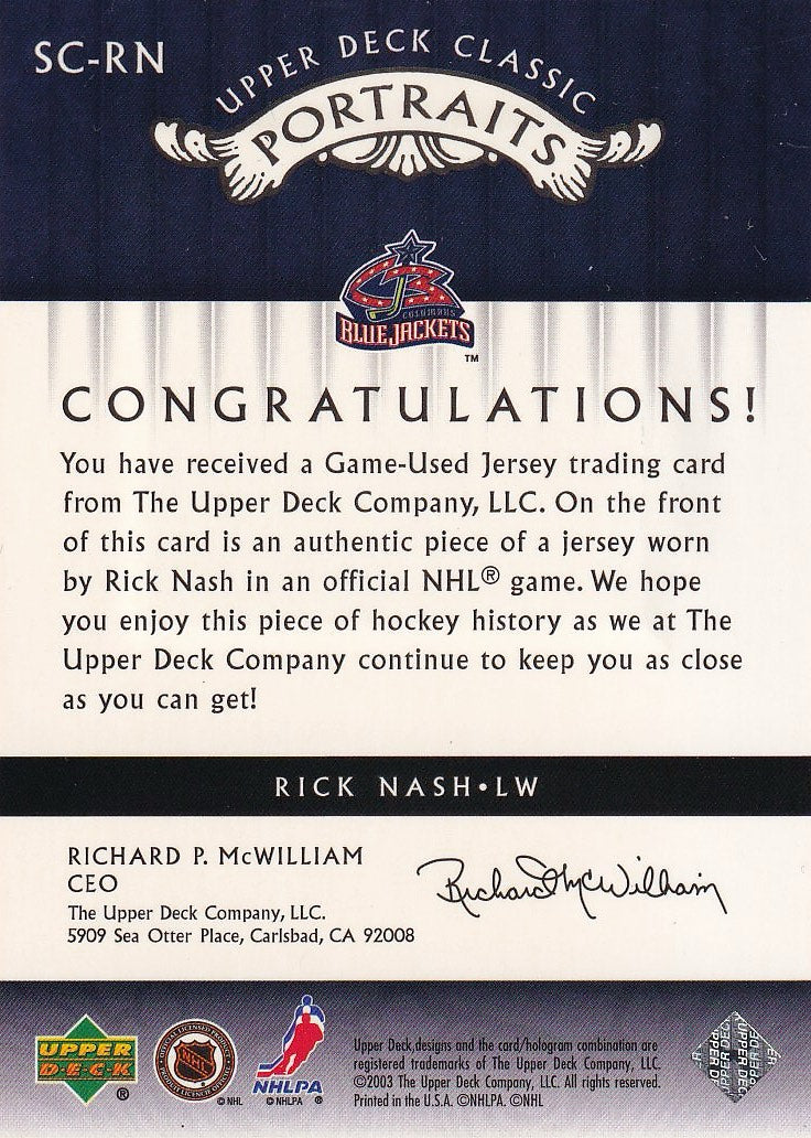 2003-04 Upper Deck Classic Portraits Hockey Starring Cast #SC-RN Columbus Blue Jackets, Rick Nash
