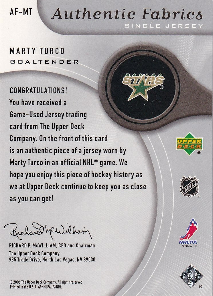 2005-06 SP Game Used Hockey Authentic Fabrics #AF-MT Dallas Stars, Marty Turco
