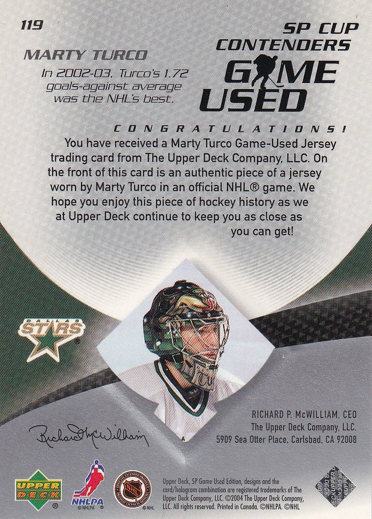 2003-04 SP Game Used Hockey #119 Dallas Stars, Marty Turco