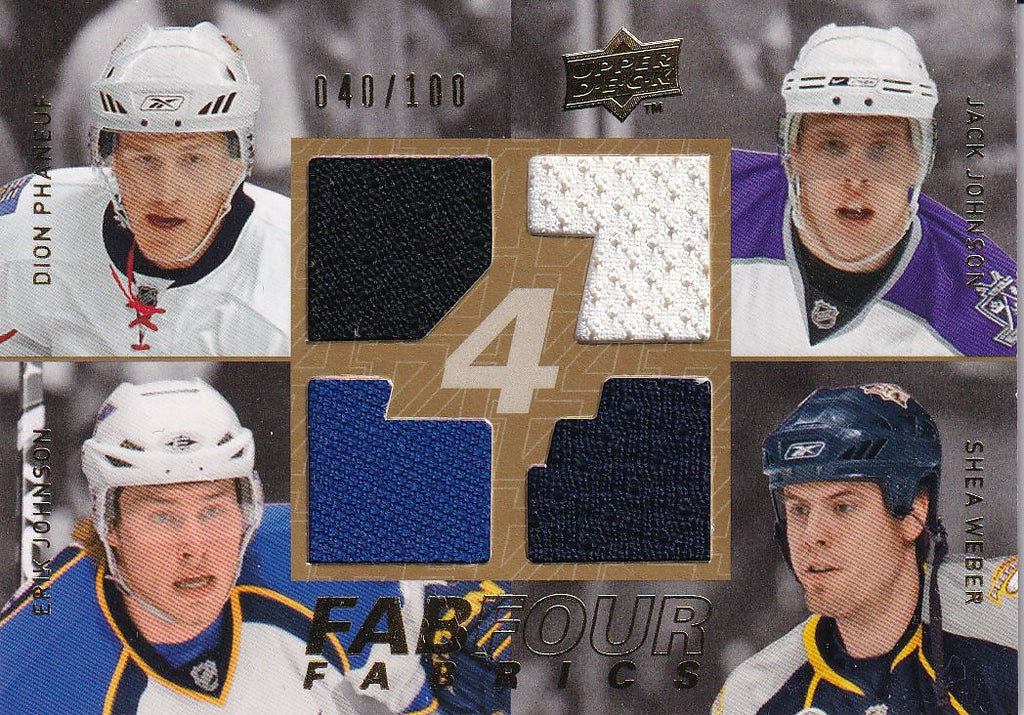 2008-09 Upper Deck Hockey Fab Four Fabrics #/100 #FF-DEF New Orleans Saints, Dion Phaneuf / Jack Johnson / Erik Johnson / Shea Weber MEM, SN100