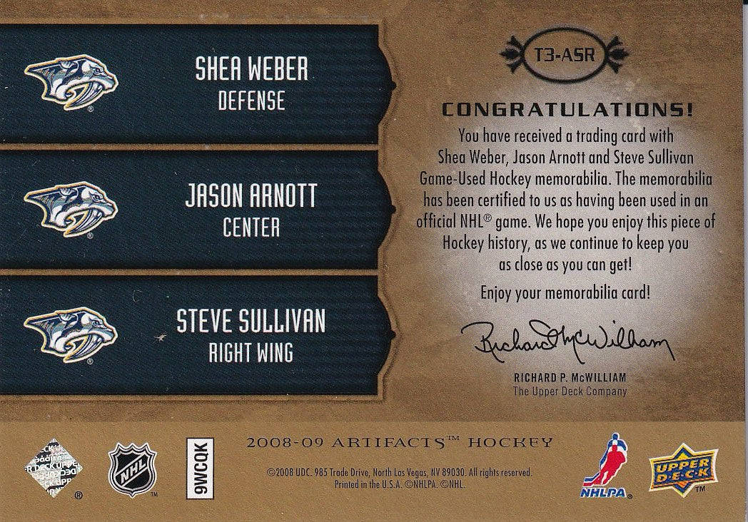 2008-09 Upper Deck Artifacts Hockey Tundra Trios Gold #/75 #T3-ASR Nashville Predators, Shea Weber / Jason Arnott / Steve Sullivan