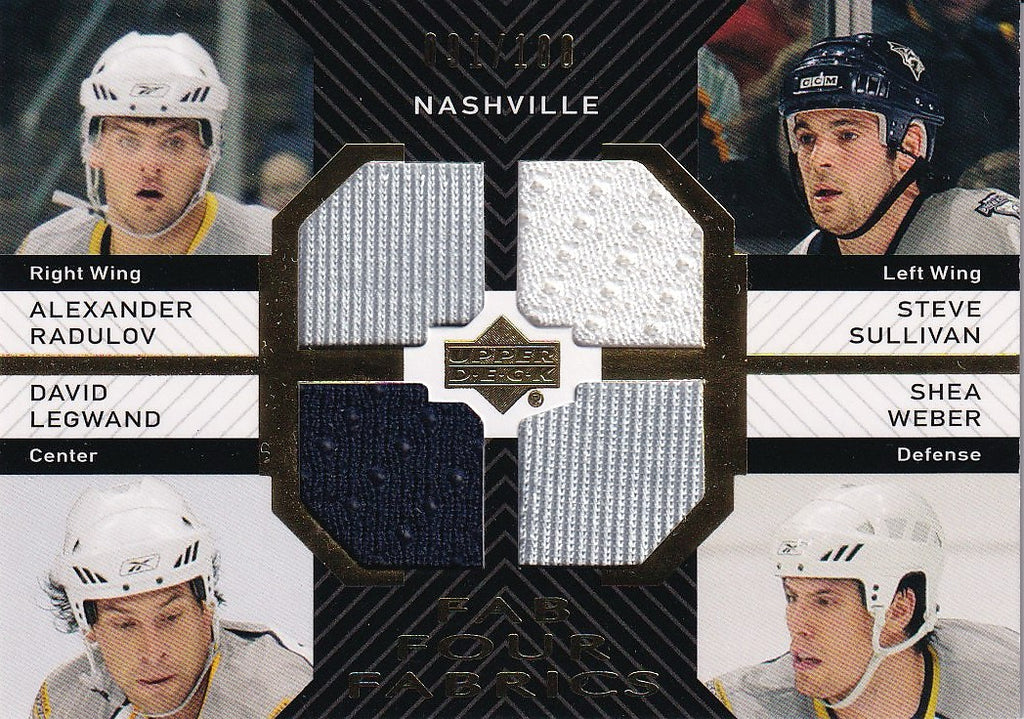 2007-08 Upper Deck Hockey Fab Four Fabrics #/100 #FF-LSWS Nashville Predators (Alexander Radulov / Steve Sullivan / David Legwand / Shea Weber)